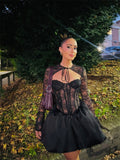Plataz Autumn And Winter Series Lead Lace Long-Sleeved Black Lace Shoulder-Puff Mini Dress Beauty