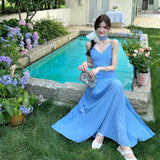 Plataz Sense Irregular Splicing Folds A Long Dress Summer French Waist Big Skirt V Tie Hanging Dress Woman