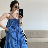 Plataz Desire Blue Folded Seaside Vacation Sling Dress Women Summer Sanya Tour Wearing Pictures Beach Long Skirts