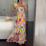 Plataz Women's Summer Leader Flying Flying Flying Sleeves Shredded Floral Skirt High Waist Repair Splicing Umbrella Skirt Woman