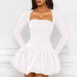 Plataz Women's Solid Color Square Collars With Long Sleeves Elegant Floral Skirt DJPT