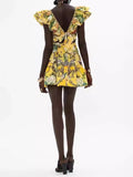 Plataz Lady Holiday Style Sexy V Collar Leaves With No Sleeves To Close The Waist Thin Yellow Print A-Shaped Dress Skirt