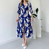 Plataz Women's Summer V-Necked Print Skirt High Waist-Comfort Temperament Open-Broken Flower Dress