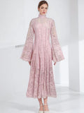 Plataz Autumn New Collar Horn Sleeve Lace To Receive Waist Long Dress Woman
