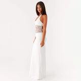 Plataz Women's Sleeveless Back U-Neck Lace Splicing Body Hanging Neck Dress DJPT