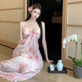 Plataz Flower And Haffin Dress Summer Temperament High-End Feeling Waist-Scared Slings Long Skirts