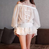Plataz Spring And Summer New French Pure Desire Shoulder Bow Tective Chest Long Sleeve Fluffy Trouser Skirt