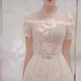 Plataz 2025 Three-Dimensional Flower Embroidered Hollow Dress Round Collar Short-Sleeved Relief Dress