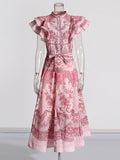 Plataz Bohemian Wind 2025 Spring New Neckline With Flying Sleeves To Close The Waist Print Medium Long Skirt Dress