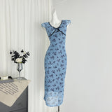Plataz Summer New Retro Deep V Shredded Floral Dress Women's Waist Net Bow Bow A Skirt Skirt