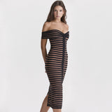 Plataz One-Word Shoulder Streak Splicing Banded Dress Party Dress