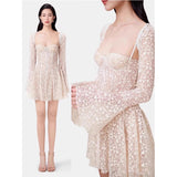 Plataz 2025 Lace Hollowed Fish Bone Tector Trumpet Long-Sleeved Dress Skirt