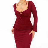 Plataz Autumn 2025 New Bag Ass Skirt Temperament Hanging Neck Long Sleeves Fine Dress Dress Woman DJPT