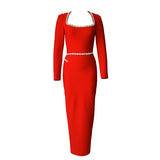 Plataz Elegant Square-Necked Long-Sleeved Diamond-Stwined Dress With Long Bag-Hope Party Party Evening Dress