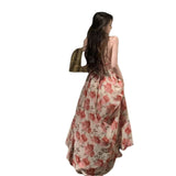 Plataz Seaside Holiday Chiffon Crumped Flower Dress Bare Back Empty Strap High Waist Open Large Swing Dress Girl