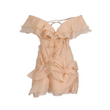 Plataz Holiday Wind Shoulder Short Dress 2025 New V Collar Shoulder Lotus Side Flower Dress Female High Sense