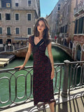 Plataz Retro Black V-Neck Rose Crush Babes Body Dress Female Pure Ass Long Skirt