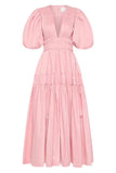 Plataz Niche 2024 Summer Wind V Collar Bubble Sleeves Short Sleeve Splicing Folds To Collect Waist Pink Dress Dress
