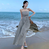 Plataz Summer New One-Word Collar Folds To Repair Height Waist A-Shaped Skirt Striped Beach Dress Woman