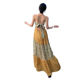 Plataz Summer Dress New Seaside Holiday Wind Loose Sling V Tie Print Splicing Dress Dress Waist And Ankle