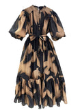 Plataz Style Dress 2025 Summer New Retro Printing And Dye Single Buckle Bubble Sleeve Fashion Casual Dress