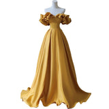 Plataz Shoulder Banquet Evening Dress Dress Female-Singen-Faced Yellow Temperament Light Luxury Niche High-End Art Exam Host Dress