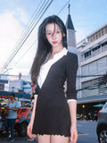 Plataz Mengling With A Retro Shirt Collar Splicing V-Neck Dress Autumn And Winter High-End Black And White Folding Dress