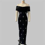 Plataz Sexy Folded Mesh Drill Splicing Word Shoulder Banded Skirt Party Evening Dress Skirt