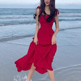 Plataz Holiday Red Sling Dress Women's Summer 2025 New Super Fairy Dress Sanya Travel Suitable For Beach Skirt