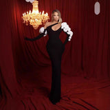 Plataz Black Shoulder Hollow White Flower Long Sleeve Long Bandat Party Evening Dress