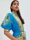 Plataz Autumn New French Retro Printing Splicing Process Single Buckle Belt Belt Waist Long Dress Dress Woman