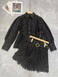 Plataz New Temperament Hollow Embroidered Lantern Sleeve Tops Shorts With Belt Belt Waist