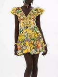 Plataz Lady Holiday Style Sexy V Collar Leaves With No Sleeves To Close The Waist Thin Yellow Print A-Shaped Dress Skirt