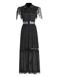 Plataz Black Rose Lace Stitched 2025 New Women's Summer Collar Short-Sleeved Long Solid Dress