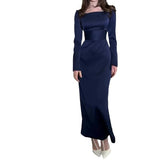 Plataz 2024 New Women's High-End Slim Temperament Showing Lean Long Sleeves Pure Color Evening Dress Dress