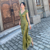 Plataz Turquoise V-Necked Back-Sin-Faced Jab Dress Dress Women's Summer Harvest Waist Thin Dress Dress Seaside Beach HZ0628