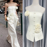 Plataz Sanguan White Rose Set 2024 New Single-Breasted Breast-Wear Flower Top High-Waisted Broad Leg Trousers