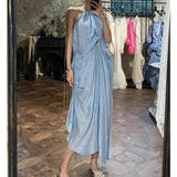 Plataz New Elegant Loose Folded Neck Dress Sexy Bare Sleeveless Holiday Dress