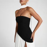 Plataz Women's Black And White Bumping Round Neck Irregular Opening Dress DJPT