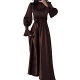 Plataz Long-Sleeved Lotus Leaf Cuffed Belt Waist-Repaired Penetted Joint Dress