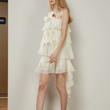 Plataz Holiday Wind Sweet Layer Wave Dress Lotus Leaf Side With Flower Sling Skirt 2024 New