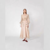 Plataz Spring And Autumn V-Neck Lantern Sleeve With Three-Dimensional Flower Design Dress