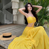 Plataz Seaside Resort Style Sexy Folded Blouse Blouse Swing Half-Dressed Two-Piece Suit Woman