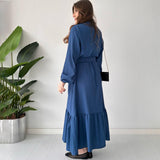 Plataz 2025 New Solid Color POLO Collar Long Sleeve Multi-Button Belt Dress