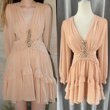 Plataz South Oil Flower Diamond Luo Waist Deep V Dress Gentle Flowing Short Dress 2024 New