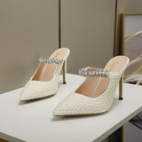 Plataz Women's Shoes Brand White Pearl Tip High Heel Fashion Half-Empty Ladies Sandals High Quality Shoes