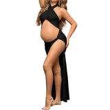 Plataz Pregnant Woman Photo-Dragging Cross-Collar Fork Sexy Open Umbilked Solid Color Thin Dress Maternity