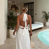 Plataz Women's New Hanging Neck V Tie Strap Bare Back Open Dress Temperament HZ0628