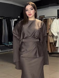 Plataz 2024 New Round-Neck Long-Sleeved Dress Bat Sleeve With Waist-Hanging-Sense-Sensed-Sense-Sensed Set