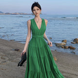 Plataz V-Necked With Hanging Neck Dress Female Seaside Holiday Sexy Bare Back Open Fork Showing Lean Long Skirt